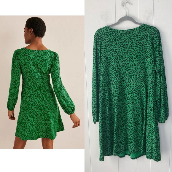 Boden Button Front Jersey Mini Dress in Green Bee Tulip Sprig Sz US 12 UK 16 - Picture 2 of 11